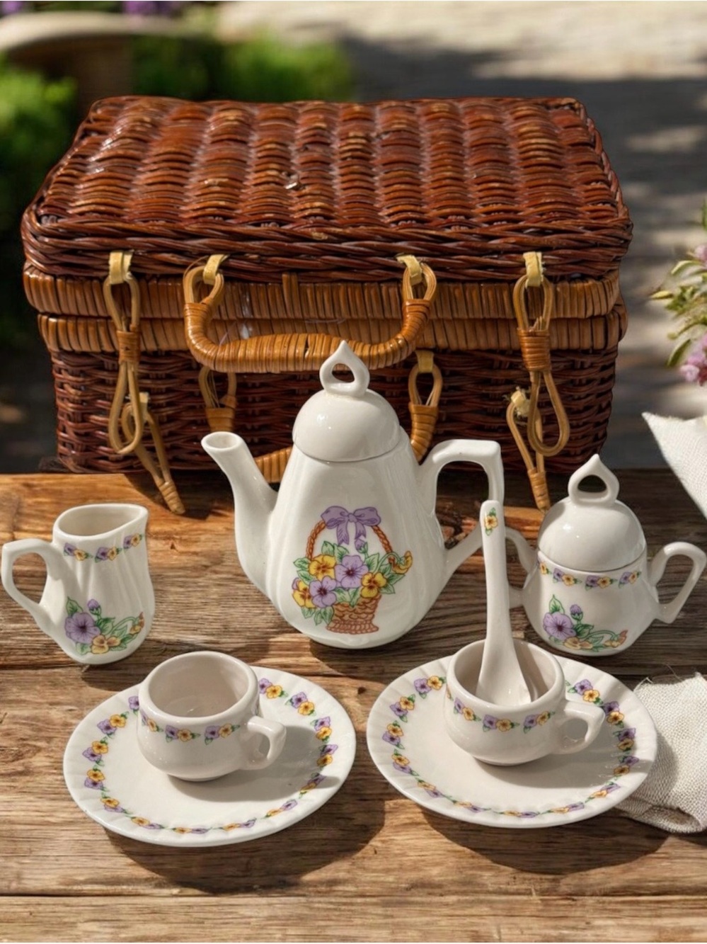 Vintage Floral Tea Set with Picnic Basket - White with Purple & Yellow Flowers